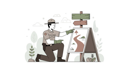 Friendly Park Ranger Describes A Trail Map While In The Outdoors Illustration