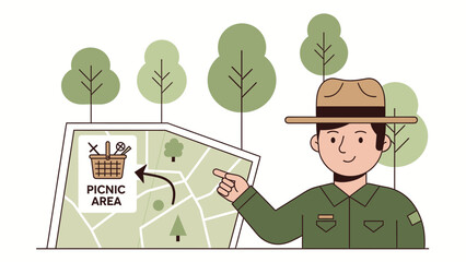 Friendly Park Ranger Directing To Picnic Area On A Map In Outdoor Space
