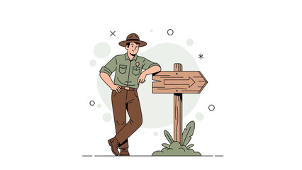 Friendly Park Ranger Directing Travelers With Wooden Signpost Illustration