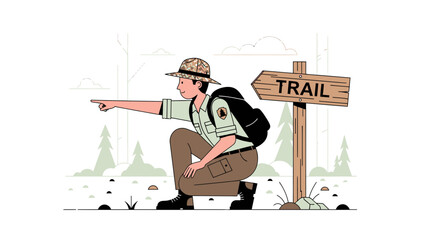 Friendly Park Ranger Guiding Visitors Along A Forest Trail Path Direction