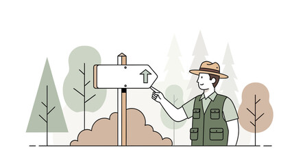 Friendly Park Ranger Pointing at Directional Sign In Wilderness Area
