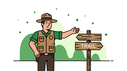 Friendly Park Ranger Directs Visitors Along Forest Trails At Signpost