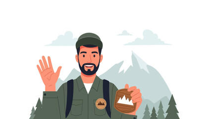 Friendly Park Ranger Welcoming Visitors Near Majestic Mountain Scenery Cartoon Illustration