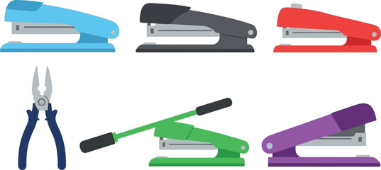Fototapeta premium Flat design set of 6 stapler types standard desktop stapler heavy duty stapler mini stapler and plier stapler