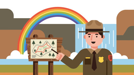 Friendly Ranger Explains Hiking Trail Route Through Forest Map Near Waterfall