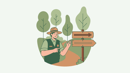 Friendly Park Ranger Giving Directions On A Forest Trail Signpost