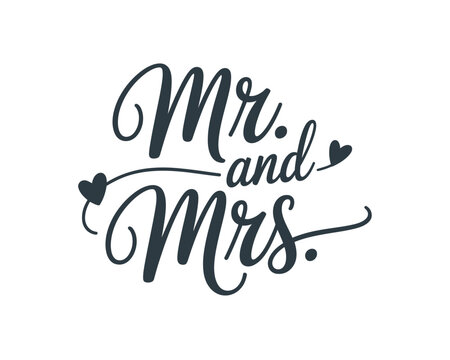 A beautiful vector graphic illustration of Mr. and Mrs. in elegant cursive script with hearts