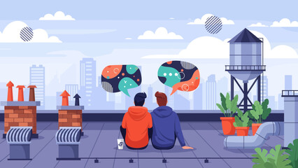 Friends Chatting On City Rooftop With Urban Skyline And Contemporary Thought Bubbles