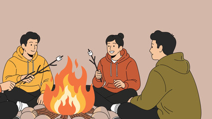 Friends Enjoying A Campfire Roasting Marshmallows And Sharing Stories Together