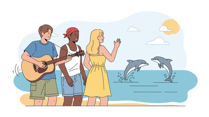 Friends Enjoying Acoustic Music While Watching Dolphins Jumping In The Sea