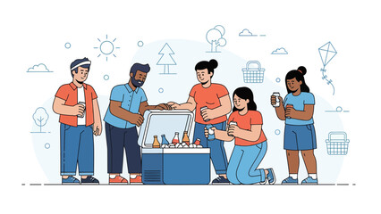 Friends Enjoying Refreshments At Outdoor Gathering Around Cooler Illustration