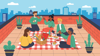 Friends Enjoying Rooftop Picnic With City View On A Sunny Day Celebration