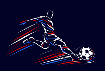 Obraz premium A running football player with a soccer ball in a modern, dynamic style. Vector illustration.