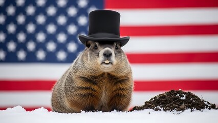 Groundhog day celebration with patriotic rodent in top hat