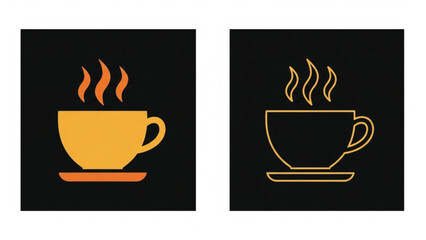 A set of two hot beverage icons, one solid orange and one outline, depicting steaming cups on a black background.