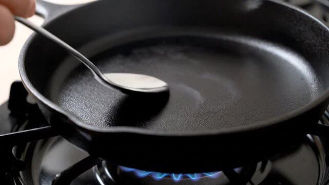 Testing the heat distribution of a cast iron skillet with water and a spoon over a gas stove
