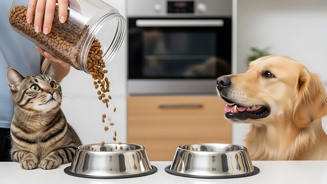 Feeding Cat and Dog in Kitchen.