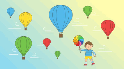 Naklejka premium Happy Cartoon Boy Holding Rainbow Lollipop With Colorful Hot Air Balloons