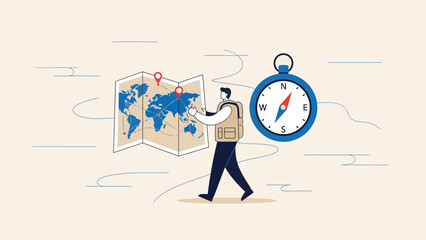 Global Expedition Planning With Map and Compass For Adventure Tourism Concept
