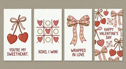 Valentine's Day card set with hand-drawn cherry hearts, bows, and "XOXO" tic-tac-toe game. Aesthetic vintage-style illustrations in red and green for romantic greetings and social media.