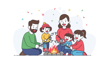 Happy Family Enjoying Campfire Marshmallow Toasting In Nature Together