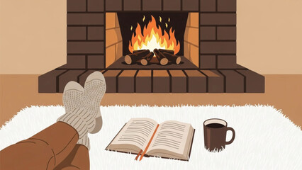 An illustration depicting a very cozy evening relaxing by the fireplace with warm socks, an open book, and a hot drink on a soft rug.