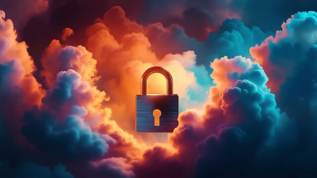 cloud computing security concept with a large lock in the center surrounded by vibrant orange and blue clouds
