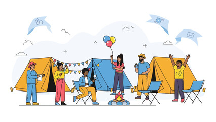 Naklejka premium Happy Friends Enjoying A Summer Camping Trip With Tents And Campfire