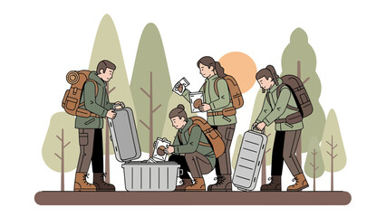 Group Of Hikers Preparing Supplies At Campground In The Forest Illustration