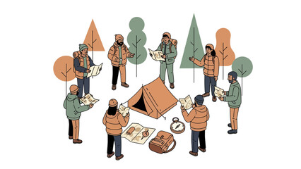 Group Of Hikers Planning Their Route With Maps In The Wilderness