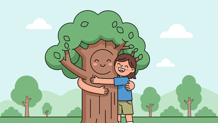 Happy Girl Hugging Smiling Tree In Nature Illustration For Earth Day Concept
