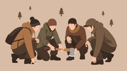 Group Of People Squatting Around An Axe In A Snowy Forest Landscape