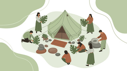 Group Of People Glamping Outdoors Tent Camping With Nature's Beauty