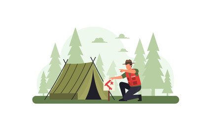 Guide Directing Towards Camp Outdoors Amidst Nature's Splendor With Tent Setup