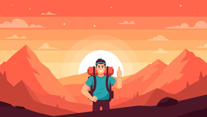 Fototapeta premium Happy Hiker Reaching Mountain Peak At Sunset Success Adventure Concept