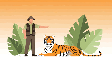 Guide Pointing Towards Lying Tiger in Natural Setting Wildlife Encounter Adventure