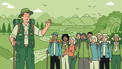 Guided Nature Tour Illustration Featuring a Diverse Group of Happy Hikers