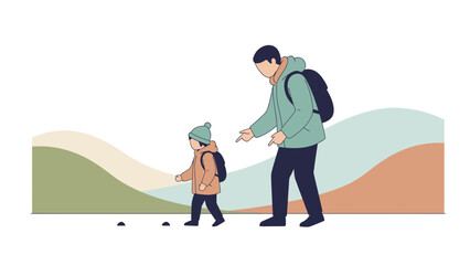 Guiding Steps Father Teaches Son On A Nature Walk With Backpacks Exploring Landscape