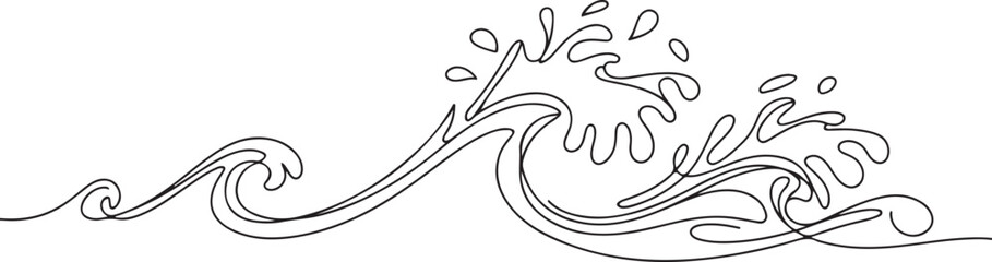 Obraz premium Continuous one line drawing water splashes wave twirl isolated surge blue sparks breaker. Wave curly shapes icon. one line Icon drawing