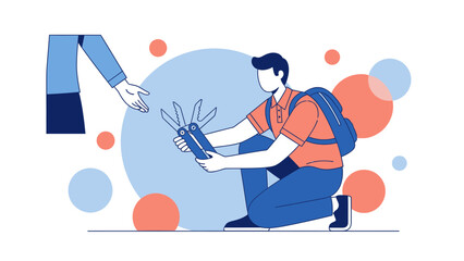 Handing A Multi Tool To Hiker With Backpack Ready For Repair Tasks