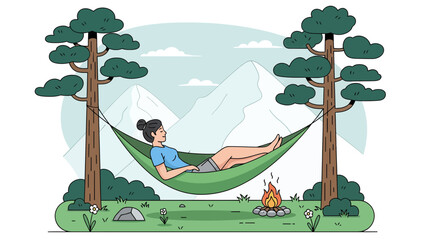 Hammock Relaxation Near Campfire In The Mountains At Campground And Nature Scenery