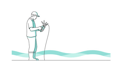Handyman Repairs Wire With Multifunctional Tool In Minimalist Line Art Style