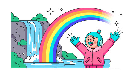 Happy Adventurer Discovering Colorful Rainbow Over Majestic Waterfall Landscape