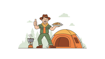 Happy Adventurer Enjoying Delicious Food at Campsite With Tent And Forest Background