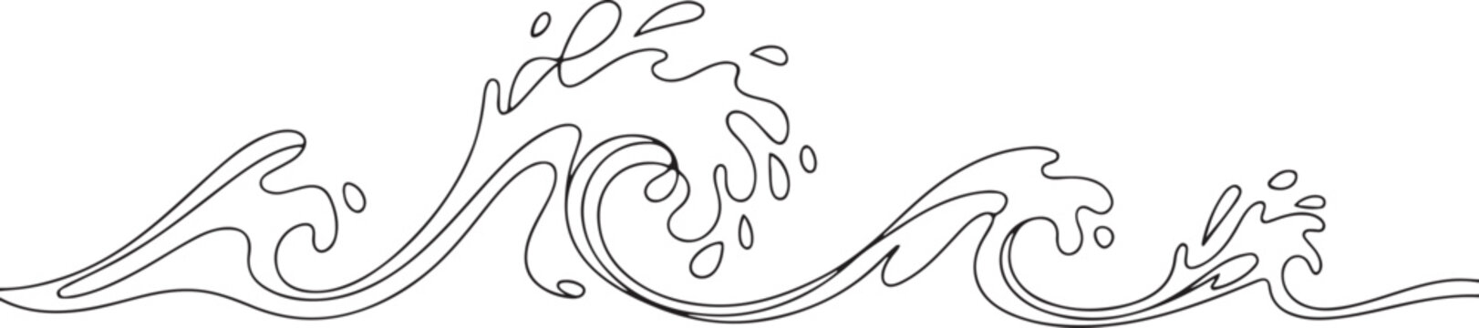 Continuous one line drawing water splashes wave twirl isolated surge blue sparks breaker. Wave curly shapes icon. one line Icon drawing
