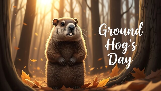 Groundhog day celebration with furry weather predictor in forest