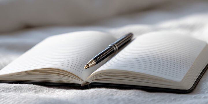 writing inspiration, a pen lies in the center of an open, clean journal the wrinkled pages show moisture damage window light illuminates