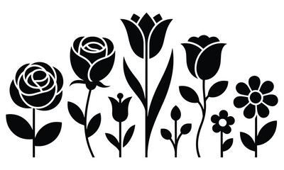 black silhouettes of various flowers and leaves on transparent background