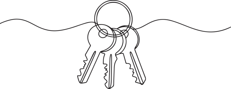 Single continuous line drawing three keys from apartment. House apartment rental for sale. The concept of privacy, security and protection. one line Icon drawing