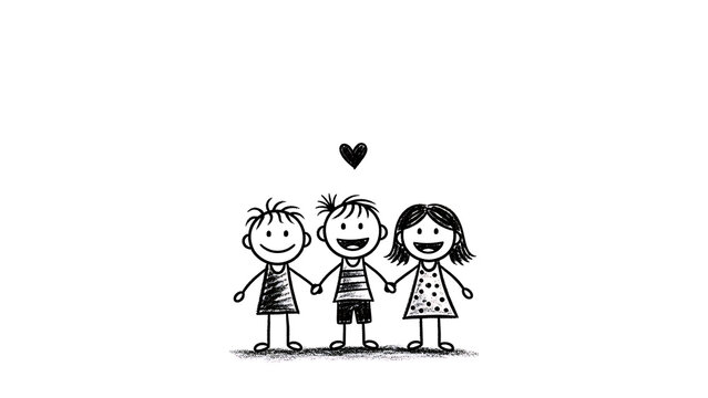 Simple hand-drawn doodle of three happy children holding hands with a heart symbol above, representing friendship, unity, and love in a minimalist black and white stick figure sketch.